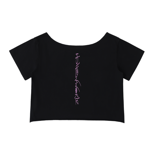 Hollow World Moth Heart Off-Shoulder Rolled Hem Cotton T-Shirt