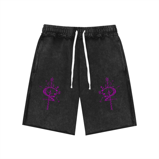 Hollow World Alchemical Cross Unisex Mineral Wash Raw Edge Shorts