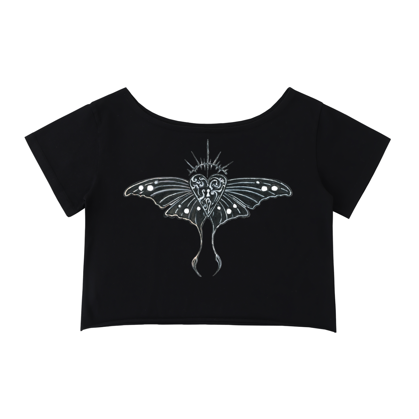 Hollow World Moth Heart Off-Shoulder Rolled Hem Cotton T-Shirt