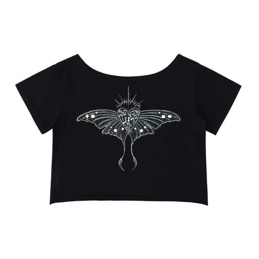 Hollow World Moth Heart Off-Shoulder Rolled Hem Cotton T-Shirt