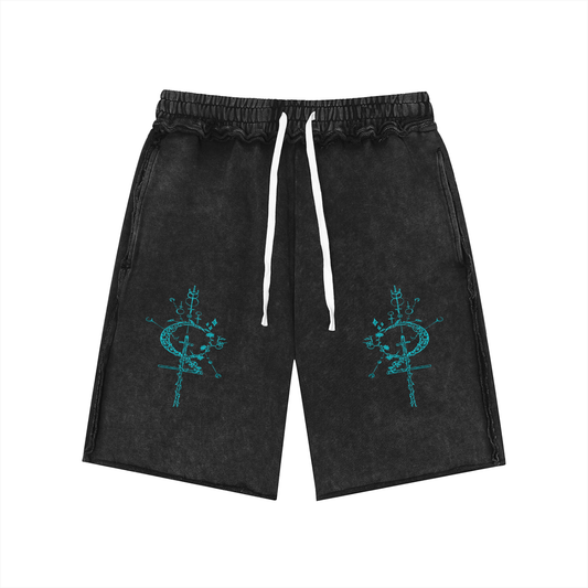Hollow World Alchemical Cross Unisex Mineral Wash Raw Edge Shorts