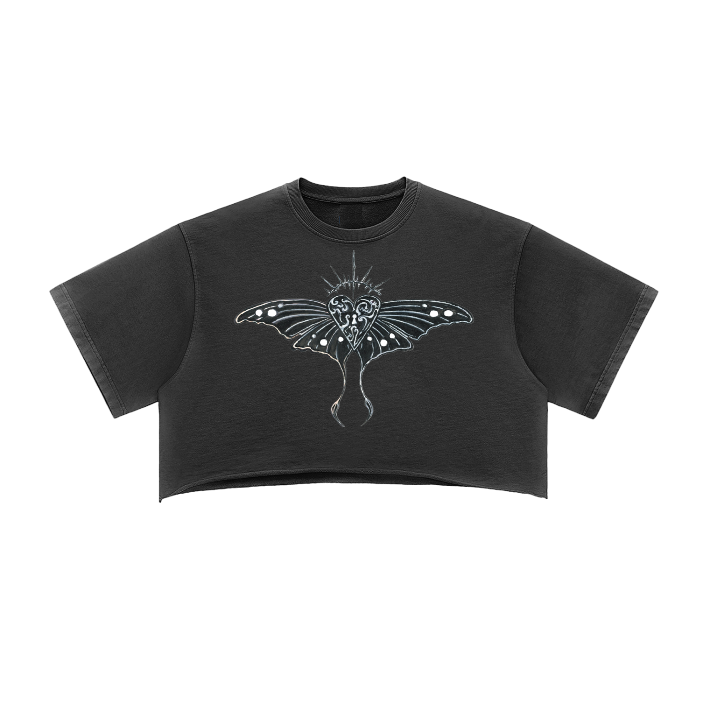 Hollow World Moth Heart Snow Washed Raw Edge Crop Top Unisex Fit