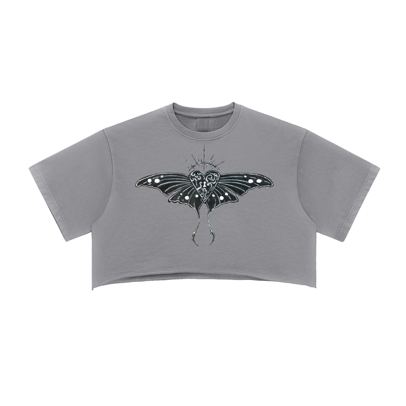 Hollow World Moth Heart Snow Washed Raw Edge Crop Top Unisex Fit